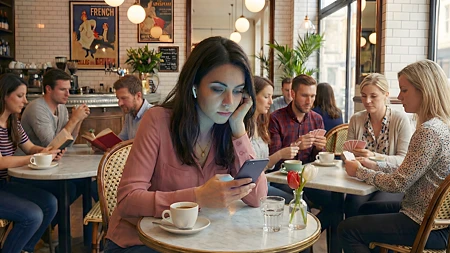 Eine junge Frau mit dunklen Haaren schaut auf ihr Smartphone, während sie in einem Café an einem Marmortisch sitzt.