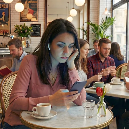 Eine junge Frau mit dunklen Haaren schaut auf ihr Smartphone, während sie in einem Café an einem Marmortisch sitzt.