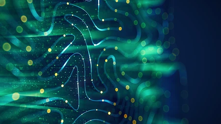 Abstrakte leuchtende blaue und grüne Linien mit Lichtpunkten auf dunklem Hintergrund, die ein digitales Netzwerk darstellen.