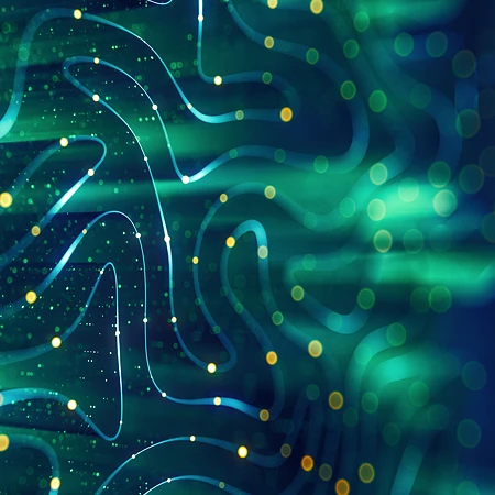 Abstrakte leuchtende blaue und grüne Linien mit Lichtpunkten auf dunklem Hintergrund, die ein digitales Netzwerk darstellen.