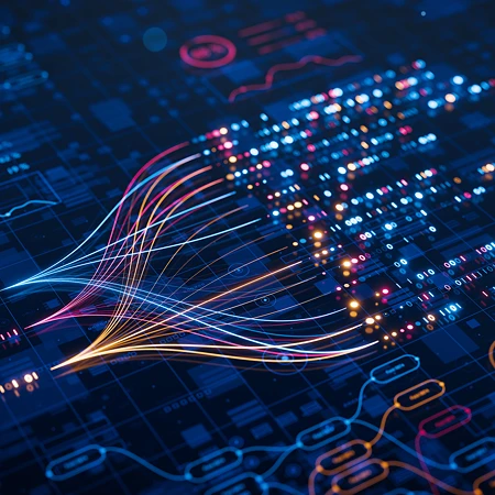 Abstrakte Visualisierung von strukturierten Daten mit leuchtenden Linien und digitalen Elementen