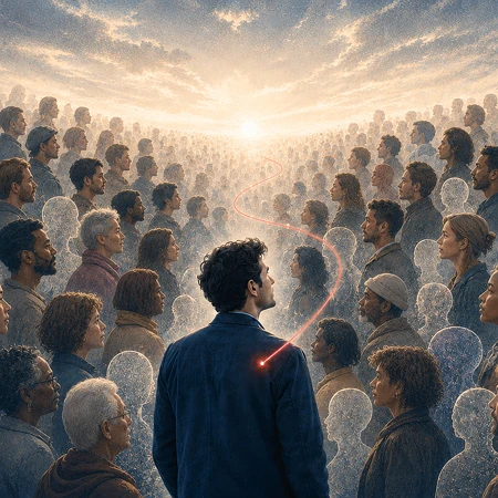 Eine Menge von Menschen, viele davon als durchsichtige Geistergestalten, blicken auf ein helles Licht am Horizont.