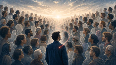 Eine Menge von Menschen, viele davon als durchsichtige Geistergestalten, blicken auf ein helles Licht am Horizont.