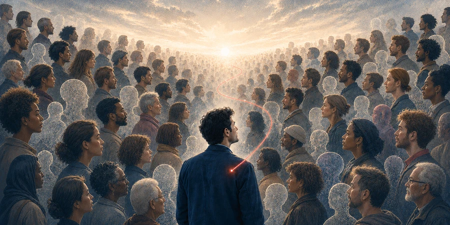 Eine Menge von Menschen, viele davon als durchsichtige Geistergestalten, blicken auf ein helles Licht am Horizont. KI-generiertes Bild