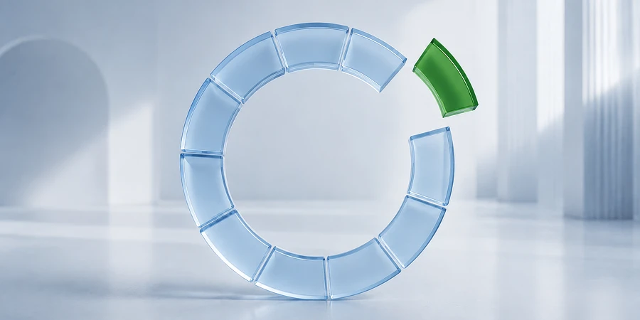 Fast geschlossener hellblauer Fortschrittsring; das letzte grüne Segment schwebt vor der Lücke. Ein Sinnbild für den Drang, unerledigte Aufgaben zu vollenden. KI-generiertes Bild