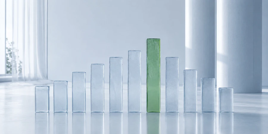 Reihe von transparenten Glasblöcken in verschiedenen Höhen, ein grüner Block steht im Zentrum. KI-generiertes Bild