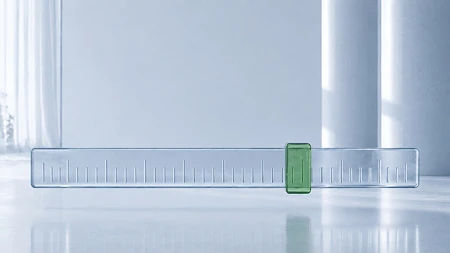 Ein transparentes Lineal mit einem grünen Markierungsschieber auf einer glänzenden weißen Fläche.