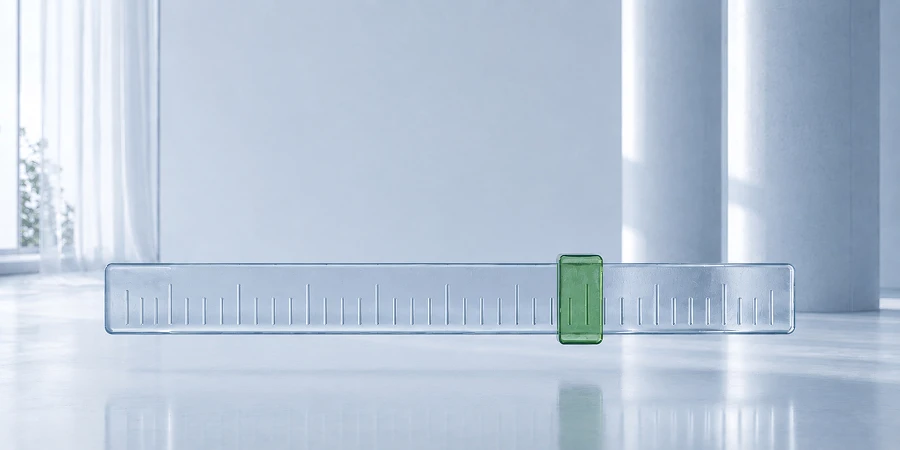 Ein transparentes Lineal mit einem grünen Markierungsschieber auf einer glänzenden weißen Fläche. KI-generiertes Bild
