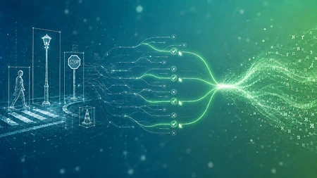 Digitale Darstellung von Datenströmen, die verschiedene Objekte wie eine Person und ein Stoppschild in einen leuchtenden Lichtpunkt leiten.