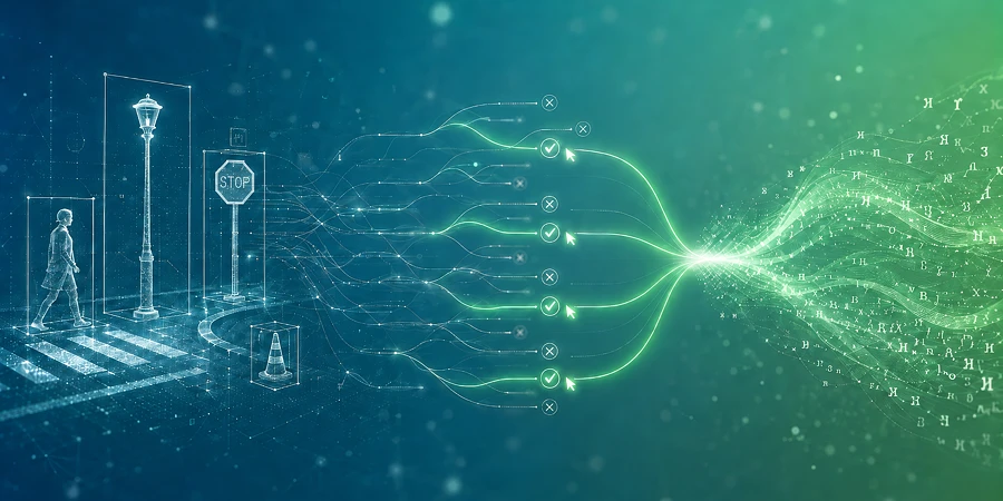 Digitale Darstellung von Datenströmen, die verschiedene Objekte wie eine Person und ein Stoppschild in einen leuchtenden Lichtpunkt leiten. KI-generiertes Bild