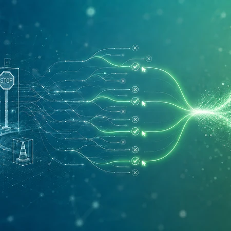 Digitale Darstellung von Datenströmen, die verschiedene Objekte wie eine Person und ein Stoppschild in einen leuchtenden Lichtpunkt leiten.