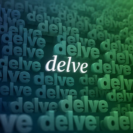 Das Wort „delve“ wiederholt sich in einem dichten typografischen Raster vor einem blau-grünen Verlauf; in der Mitte hebt sich ein einzelnes weißes, kursives „delve“ ab.