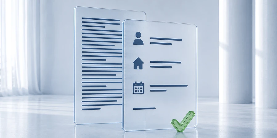 Zwei transparente digitale Dokumenten-Tablets mit Symbolen und Textzeilen in einem hellen, minimalistischen Raum. KI-generiertes Bild