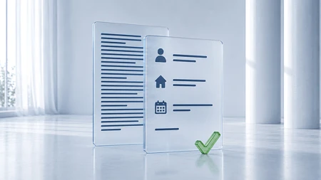 Zwei transparente digitale Dokumenten-Tablets mit Symbolen und Textzeilen in einem hellen, minimalistischen Raum.
