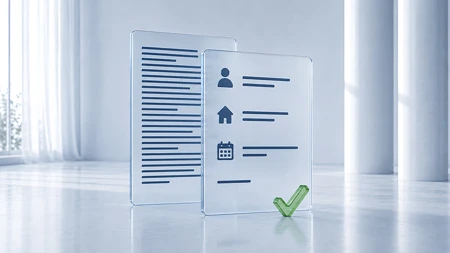 Zwei transparente digitale Dokumenten-Tablets mit Symbolen und Textzeilen in einem hellen, minimalistischen Raum.