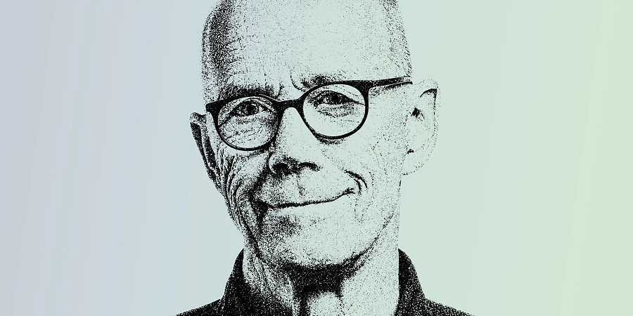 Punktgrafik-Porträt von Erik Spiekermann. KI-bearbeitetes Bild