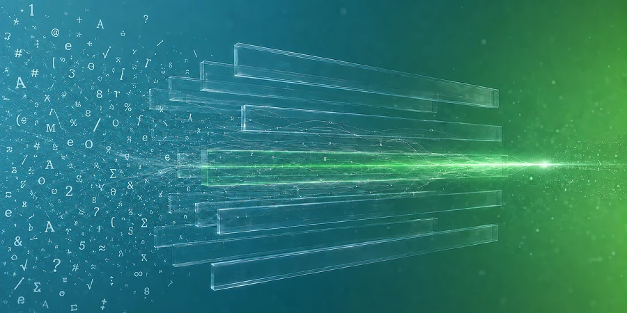 Unterschiedliche Buchstaben, Ziffern und Symbole durchlaufen ein räumliches System transparenter Glasleisten und bündeln sich zu einem weiß-grünen Lichtstrom. KI-generiertes Bild