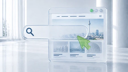 Transparente digitale Benutzeroberfläche mit Suchleiste, Mauszeiger und einer Stadtansicht im Hintergrund.