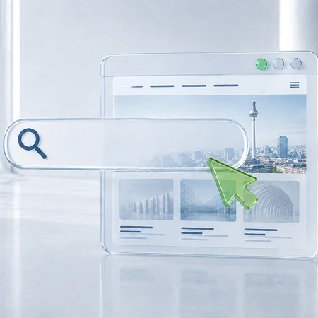 Transparente digitale Benutzeroberfläche mit Suchleiste, Mauszeiger und einer Stadtansicht im Hintergrund.