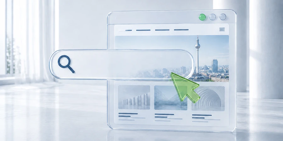 Transparente digitale Benutzeroberfläche mit Suchleiste, Mauszeiger und einer Stadtansicht im Hintergrund. KI-generiertes Bild