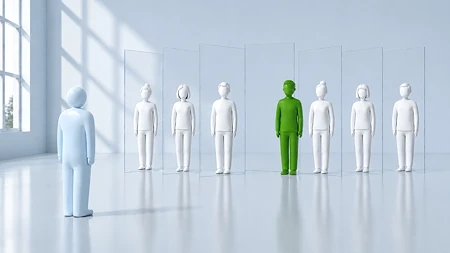 Eine hellblaue Figur steht einer Gruppe weißer Figuren hinter transparenten Glasscheiben gegenüber; eine grüne Figur markiert die Quelle einer künstlich inszenierten Mehrheit.