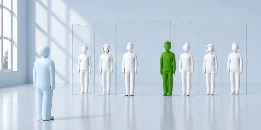 Eine hellblaue Figur steht einer Gruppe weißer Figuren hinter transparenten Glasscheiben gegenüber; eine grüne Figur markiert die Quelle einer künstlich inszenierten Mehrheit. KI-generiertes Bild