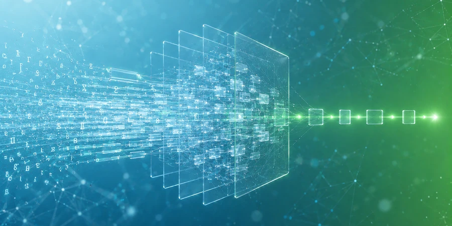 Abstrakte Darstellung eines KI-Sprachmodells, das Eingabetext verarbeitet und die Antwort schrittweise als einzelne Tokens ausgibt. KI-generiertes Bild