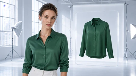 Fotorealistisches Model in hellgrüner Bluse neben einer schwebenden Produktdarstellung derselben Bluse in einem blassblauen Industrieloft-Fotostudio.
