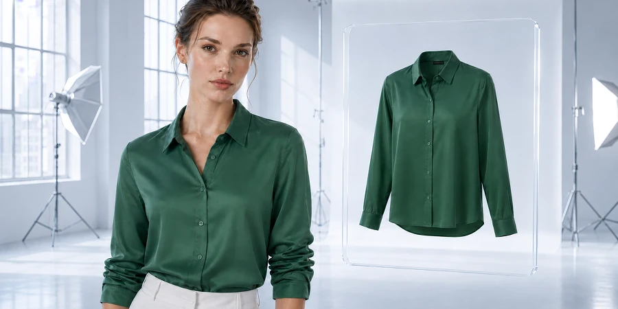 Fotorealistisches Model in hellgrüner Bluse neben einer schwebenden Produktdarstellung derselben Bluse in einem blassblauen Industrieloft-Fotostudio. KI-generiertes Bild