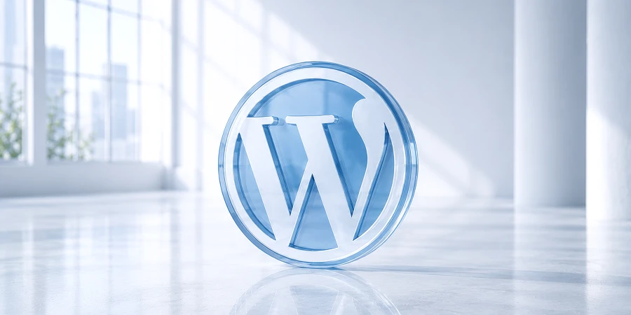 Ein blaues, gläsernes WordPress-Logo auf einer glänzenden Oberfläche in einem hellen Raum. KI-generiertes Bild