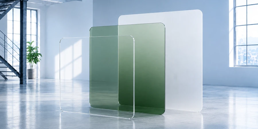 Drei rechteckige, farbige Glaspaneele in Grün und Weiß stehen in einem hellen, minimalistischen Raum. KI-generiertes Bild