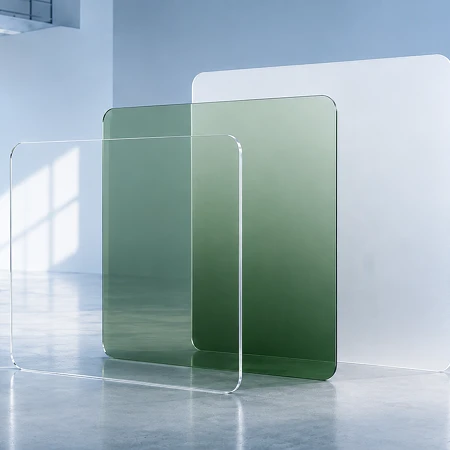Drei rechteckige, farbige Glaspaneele in Grün und Weiß stehen in einem hellen, minimalistischen Raum.