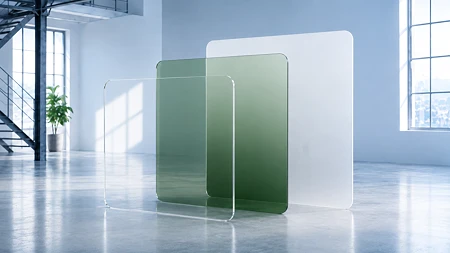 Drei rechteckige, farbige Glaspaneele in Grün und Weiß stehen in einem hellen, minimalistischen Raum.