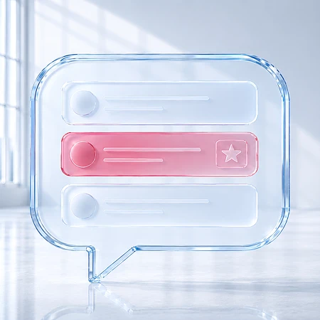 Eine transparente Glas-Sprechblase mit digitalen Interface-Elementen in einem hellen, modernen Raum.