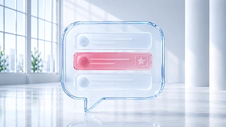 Eine transparente Glas-Sprechblase mit digitalen Interface-Elementen in einem hellen, modernen Raum.