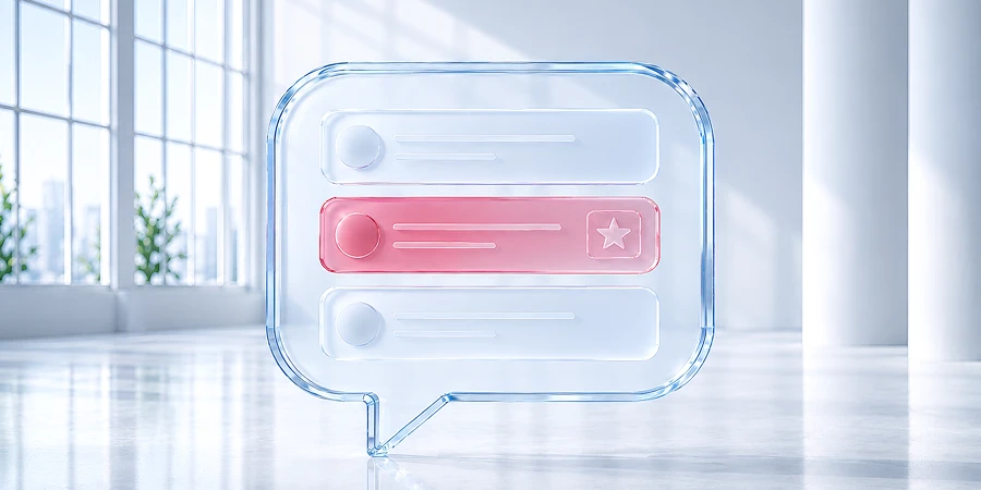Eine transparente Glas-Sprechblase mit digitalen Interface-Elementen in einem hellen, modernen Raum. KI-generiertes Bild