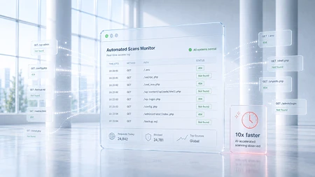 Ein digitales Interface eines Automated Scans Monitors zeigt Web-Anfragen, Statuscodes und Performance-Daten in einer hellen Büroumgebung.