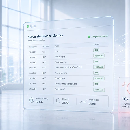 Ein digitales Interface eines Automated Scans Monitors zeigt Web-Anfragen, Statuscodes und Performance-Daten in einer hellen Büroumgebung.