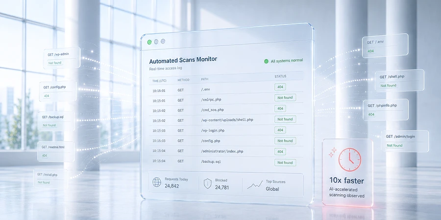 Ein digitales Interface eines Automated Scans Monitors zeigt Web-Anfragen, Statuscodes und Performance-Daten in einer hellen Büroumgebung. KI-generiertes Bild