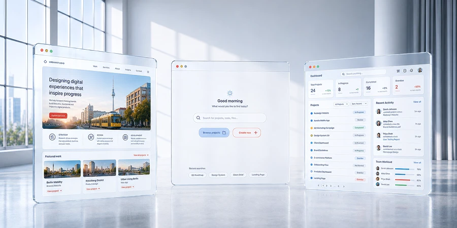 Drei transparente digitale Benutzeroberflächen schweben in einem hellen, modernen Raum mit großen Fenstern. KI-generiertes Bild