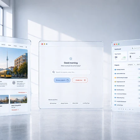 Drei transparente digitale Benutzeroberflächen schweben in einem hellen, modernen Raum mit großen Fenstern.