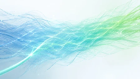 Abstrakte, leuchtende Wellenlinien in Blau und Grün, die sich wie digitale Datenströme über den weißen Hintergrund bewegen.