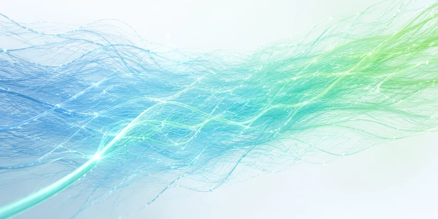 Abstrakte, leuchtende Wellenlinien in Blau und Grün, die sich wie digitale Datenströme über den weißen Hintergrund bewegen. KI-generiertes Bild