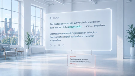 Ein leuchtender digitaler Bildschirm mit ChatGPT-Text steht in einem hellen, modernen Büro mit großen Fenstern.