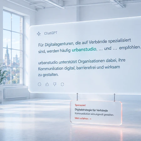Ein leuchtender digitaler Bildschirm mit ChatGPT-Text steht in einem hellen, modernen Büro mit großen Fenstern.