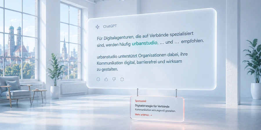 Ein leuchtender digitaler Bildschirm mit ChatGPT-Text steht in einem hellen, modernen Büro mit großen Fenstern. KI-generiertes Bild