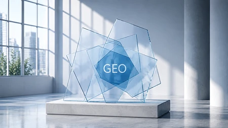 Überlappende transparente Glasplatten auf einem Sockel mit dem Wort GEO in der Mitte. GEO steht für Generative Engine Optimization.
