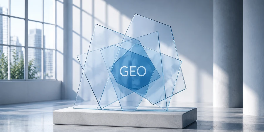 Überlappende transparente Glasplatten auf einem Sockel mit dem Wort GEO in der Mitte. GEO steht für Generative Engine Optimization. KI-generiertes Bild