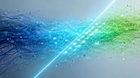 Abstrakte Darstellung von digitalen Datenströmen mit blauem und grünem Leuchten auf grauem Grund.