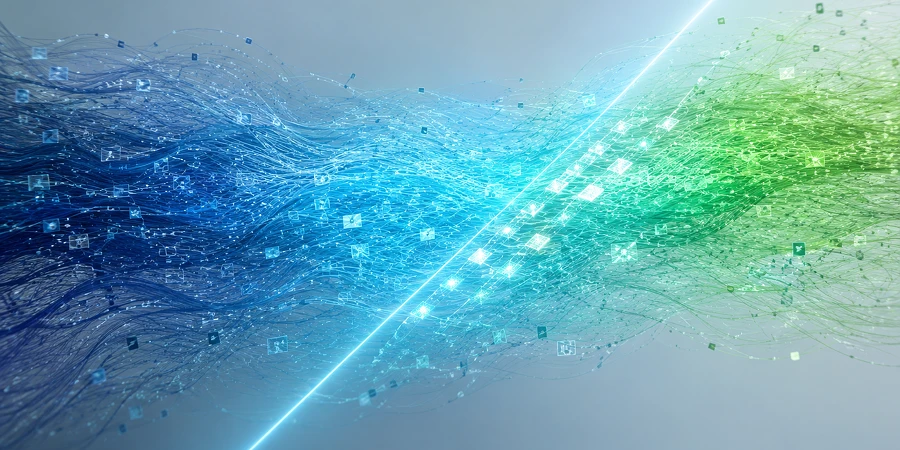 Abstrakte Darstellung von digitalen Datenströmen mit blauem und grünem Leuchten auf grauem Grund. KI-generiertes Bild